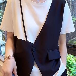 TEMU 여성 페이크 레이어드 조끼 티셔츠 루즈핏 체형커버 배색 반팔티 단추 포인트 구김없는 시원한 데일리 꾸안꾸 출근룩 오피스룩 모던 유니크 상의