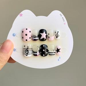 TEMU 핸드메이드 음악 & 별 네일 아트 10개 세트 | 블랙, 핑크, 화이트 스위트 & 쿨 예술적 스타일 누르는 방식의 인조 손톱