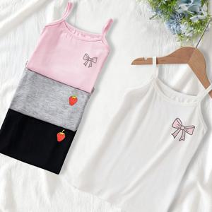 TEMU 4pcs 유럽 및 미국 패션 간편 여름 민소매 캐미솔 티셔츠 상의 여름 얇은 여아용 리본 및 딸기 패턴 귀여운 캐미솔 상의, 십대 젊은 활발한 활동복 스포츠 다용도 캐미솔 상의 세트