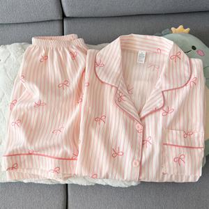 TEMU 귀여운 패턴 여름 파자마 세트, 리본 캐주얼 라펠 스타일 반팔 반바지, 여아 스타일 편안한 홈웨어 세트