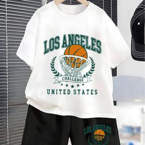TEMU 여름 남아용 반팔 의상, 'LOS ANGELES' 농구 레터링이 있는 티셔츠와 반바지 세트로 구성된 새로운 디자인으로 야외 활동에 적합합니다.