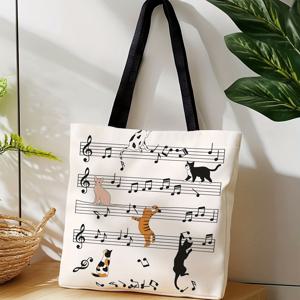 TEMU 음악 테마 토트백 여행 데일리 선물 겸용 세탁기 사용 가능 악보 프린트 더블 핸들 디자인 패션 음악 애호가용