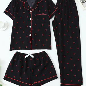 TEMU 여성용 체리 프린트 파자마 세트 3pcs, 포켓과 리본이 달린 반팔 라펠 탑과 반바지/팬츠, 홈웨어용