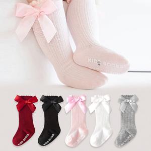 TEMU 리본 달린 귀여운 여아용 니하이 양말 5켤레, 통기성 좋고 부드러운 아동용 양말, 도트 그립 미끄럼 방지 양말, 어린이 공주님 양말