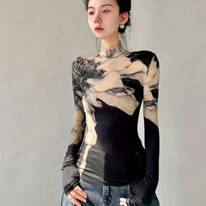 TEMU 플로럴 긴팔 티셔츠 여성 슬림핏 스탠드 칼라 패션 Y2K 탑 여성 감성 섹시 탑