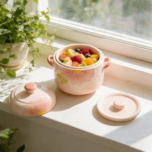 TEMU 복숭아 패턴 세라믹 찜기 뚜껑 포함 - 600ml 용량, 귀엽고 우아한 이중귀 이중뚜껑 찜기, 뚜껑이 있는 신선한 과일 볼, 주방 및 고급 레스토랑에 적합, 크리스마스, 졸업, 결혼식, 어버이날 선물로 이상적