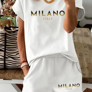 TEMU MILANO 골든 레터 프린트 멀티 컬러 반팔 티셔츠와 반바지 2피스 세트, 라이트 럭셔리 어반 스타일 캐주얼 의상, 편안한 여성 패션 의류 - 부드럽고 통기성 좋으며 세탁기 사용 가능, 데일리웨어용
