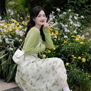 TEMU SunburstWonder 여름 여성 숲스타일 프렌치 초록색 심플한 투피스 끈 결계 롱 원피스 품위 일상 나들이