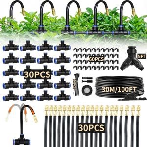 TEMU 100ft 1/4인치 점적 관개 키트, 조절식 구리 노즐 30개 포함, 정원, 화단, 잔디, 온실 및 파티오용 자동 미스트 물분사 스프링클러 시스템