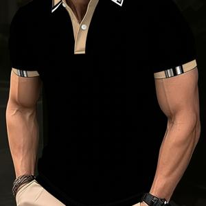 TEMU Bla and Golden Contrast Color Shirt for Men, Summer Lapel Short Sleeve Light Luxury Business Casual Top