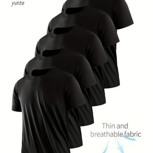 TEMU 5개 Yunte 남성용 초경량 블랙 라운드 넥 티셔츠 - 빠른 건조, 통기성, 땀 흡수 원단, 체육관 및 러닝용 이상적, 반팔, 폴리에스테르, 체육관 셔츠