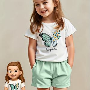 TEMU 여아용 여름 의상 2pcs: 나비 프린트 반팔 블라우스 & 단색 반바지 - 봄/여름 놀이복에 적합한 반팔 상의 & 매칭 반바지, 세탁기 사용 가능 2pcs