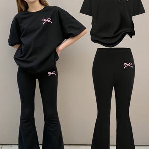 TEMU 유럽 및 미국 패션 여아용 리본 프린트 반팔 상의 + 패션 뿔 타이츠 리본 프린트 바지 세트 2pcs, 어린이 야외 활동용, 야외 활동에 적합
