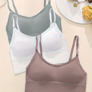 TEMU 3pcs 무봉제 통기성 고탄력 브라 세트, 단색 조절 가능한 스트랩, 홈웨어 및 스포츠용 스타일리시하고 편안한 디자인