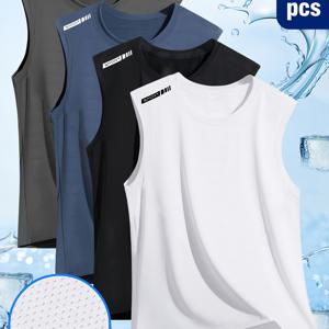 TEMU 남성용 스포츠 탱크탑 4pcs, 민소매 농구 트레이닝 조끼, 통기성 좋은 편안한 운동복, 플러스 사이즈 솔리드 컬러 베이스 레이어 셔츠, 퀵드라이, 크루넥, 레귤러 핏, 니트 소재 앱리케 디테일