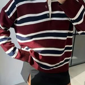 TEMU 빨간색과 파란색 줄무늬 대비 버튼 풀오버, 니엔 니엔 셀렉션