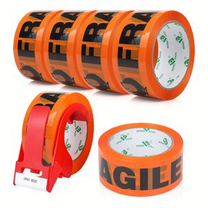 TEMU BOMEI PACK 6롤 오렌지색 '파손 금지' 경고 실링 테이프 (배송용), 48mm x 50m, 커터 포함, 오렌지색 배경 검은색 글자 인쇄, 강력한 헤비 듀티 박스 실링 테이프