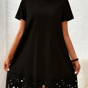 TEMU 우아한 숏 슬리브 맥시 드레스 - A라인 무릎 길이 (적절한 신발로 무릎 길이 조절 가능) 라운드 넥, 단색 숏 슬리브 & A라인 디자인, 봄/여름 웨딩, 파티, 비치웨어용 - 핸드메이드
