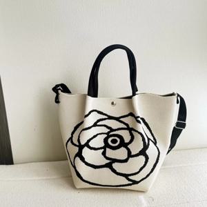 TEMU 장미 꽃 버클 니트 핸드백 토트백 대용량 셔링 핸드 캐리 백, 외출, 파티 및 데일리룩에 적합