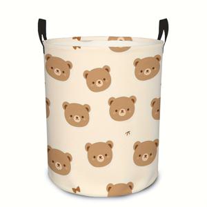 TEMU 귀여운 곰돌이 카와이 접이식 세탁 바구니 1개, 곰 프린트 포함 - 장난감, 여행 및 수납용으로 적합한 대형 원형, 튼튼한 손잡이가 있는 캔버스 햄퍼, 방 정리용 액세서리