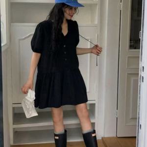 TEMU 인스타 스타일 한국식 소프트한 신선한 퍼프 슬리브 드레스 패셔너블하고 달콤한 주름 잡η 웨이스트 여성용 숏 스커트