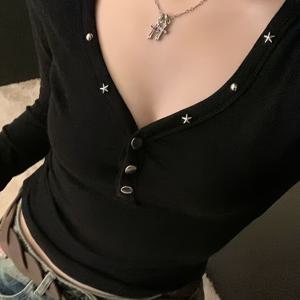 TEMU 봄/여름 스타일 퓨어 디자이어 블랙 브이넥 슬림핏 긴팔 베이스레이어 티셔츠 여성용, 새로운 봄 고급스러운 느낌의 아우터웨어용 상의