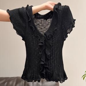 TEMU 데저 스타일 약간 시스루 블랙 V넥 탄성 베이스 셔츠 반팔 티셔츠 여성 봄/여름 신상 디자인 센스 니치 아메리칸 섹시 핫 반팔 탑 슬림핏 사계절 착용 가능