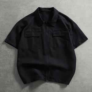 TEMU 남성용 여름 반팔 캐주얼 셔츠 - 프론트 지퍼 & 가슴 포켓 두 개 - 라펠 칼라 루즈핏 블라우스 - 솔리드 컬러 논-패브릭 캐주얼 웨어, 아웃도어 & 홈웨어 (세탁기 사용 가능) - 스타일, 모든 체형에 적합