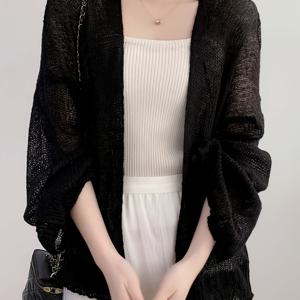 TEMU 봄/여름 여성용 우아하고 은은한 캐주얼 단색 오픈 프론트 칼라 드롭 숄더 긴소매 세미 시스루 커버업, 한국 스타일 파티 여행 외출 휴가 가디건 탑 아우터웨어 에어컨 커버업