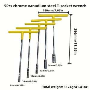 TEMU 산업용 크롬 바나듐 강철 T자형 핸들 익스텐션 소켓 렌치 세트 5개, 8mm/10mm/12mm/13mm/14mm 사이즈, 미끄럼 방지 고무 손잡이, 육각 샹크, 자동차 및 수리 공구, 가정용 정비 소켓 렌치