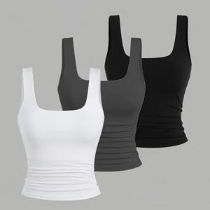 TEMU 3pcs 세트 여성용 편안한 캐주얼 단색 슬림핏 탑 조끼