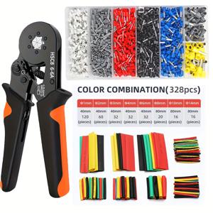 TEMU 2328개 미니 전기 기술자 압착 키트, HSC8 6-6A 압착기 0.25-6Mm²/ AWG23-10에 적합, 7가지 크기의 VE 튜브 단자 2000개 + 내구성 플라스틱 핸들 및 전선 수리 플라이어가 있는 열수축 튜브 328개 포함, 가정 및 전문가용으로 이상적