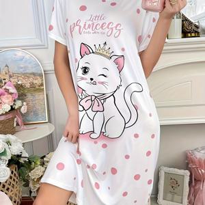 TEMU 여성용 캐주얼 우아한 크라운 캣 프린트 라운드넥 반팔 티셔츠 드레스 파자마, 여성용 카툰 귀여운 도트 레터 프린트 드레스, 루즈 슬립 가운, 여성용 편안한 드레스, 여성용 나이트가운