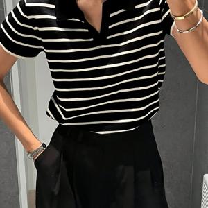 TEMU 봄/여름 신상 여성 캐주얼 웨어 풀오버 탑, 대비 , 루즈핏, 패셔너블 출근 오피스 아웃핏, 심플 다용도 반팔 셔츠, 베이직 클래식 풀오버 스웨터