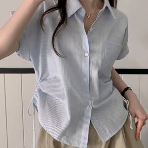 TEMU 시크한 프렌치 체크 드로스트링 여성 셔츠 - 슬림핏 허리, 캐주얼 반팔 칼라 셔츠