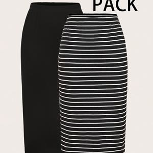 TEMU 여성용 2Pcsss 캐주얼 단색 스커트 세트, 펜슬 스커트, 여름 스커트, 롱 스커트, 여름, 여성 비즈니스 캐주얼, Back To, 선생님, 사무실, 공항, 외출, 레트로, 2000년대 스타일, 스타일, 공항 2Pcsss 세트, 스커트