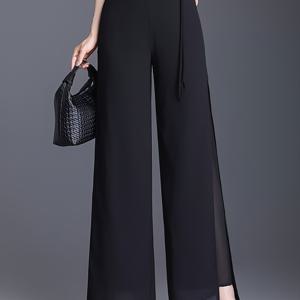 TEMU 여름용 플로우 더블 레이어 쉬폰 팬츠, 시폰 원단 쿨하고 드레이핑, 슬릿 디자인으로 반복감 피하기, 디자인 감각 향상 및 걷는 동안 풍성한 플로우, 허리 부분의 버튼 및 태슬 디자인으로 중국 스타일 요소 추가