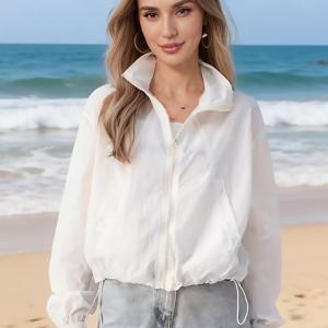 TEMU 여성 캐주얼 재킷, 봄 여름 반팔 스탠드업 칼라 햇빛 가리개 의류, 신상 봄 여름 가을 캐주얼 디자인, 트렌디한 가볍고 통기성 좋은, 라펠 단색, 소녀스러운 데일리룩에 적합한 숏재킷