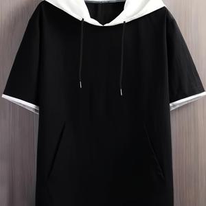 TEMU 후드 반팔 단색 캐주얼 포켓 남성 티셔츠