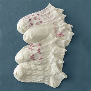TEMU 귀여운 리본 패턴 양말 5켤레, 통기성 좋은 로우컷 발목 양말, 여성 스타킹 & 호시어리