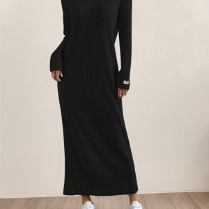 TEMU 새로운 여성용 라운드넥 풀오버 롱 원피스, 홈웨어, 아우터웨어 또는 베이스 레이어로 적합, 긴팔, 슬림핏, 루즈핏, A라인, 단색, 골지, 릴랙스 스타일 롱 원피스