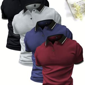 TEMU 4pcs 여름용 폴로 셔츠 세트, 솔리드 컬러 반팔 멀티컬러 골프 셔츠, 작업복 캐주얼 운동복 남성용 상의