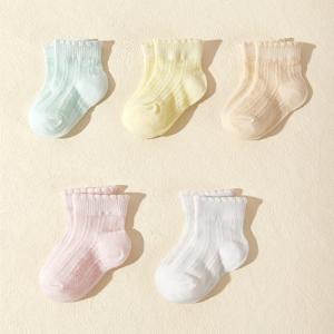 TEMU 봄/여름용 메쉬 양말 5켤레, 오색 버블 커프스 단색 아기 중목 양말