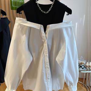 TEMU 여성용 오프숄더 긴팔 셔츠와 대조 칼라 - 슬림핏 루즈컷 단색 라운드넥 블라우스, 싱글브레스트 버튼 프론트, 봄/가을 캐주얼 & 사무실복, 계절 전환 의류, 쉬운 관리 가능
