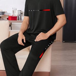 TEMU 남성용 레터 프린트 블랙 반팔 긴바지 파자마 세트 2개