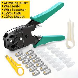 TEMU RJ45 이더넷 케이블 압착기 키트, 네트워크 케이블 압착 도구, 8P RJ45 CAT5 CAT6/6P RJ11/4P RJ9 전화 케이블 네트워크 커넥터에 적합, 압착기 1개, 와이어 스트레이트너 1개, 와이어 스트리퍼 펀치 다운 도구 1개 포함