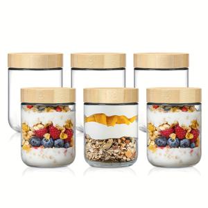 TEMU 2/3/4/6개 세트 16oz (약 453g) 밤새 오트밀 용기 대나무 뚜껑, 밀폐용기 유리병, 와이드 마우스 메이슨 샐러드 용기, 요거트, 치아, 간식, 양념, 설탕용 유리 식품 보관 용기