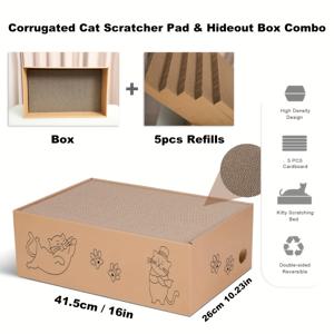 TEMU 초고밀도 골판지 고양이 스크래처 패드 & 은신처 박스 콤보 – 3/5개 리필 또는 5개 리필 + 박스 옵션, 양면 스크래치 표면, 내구성 강한 골판지, 최대 16파운드 고양이 수용 – 가구 보호 및 소파 보호
