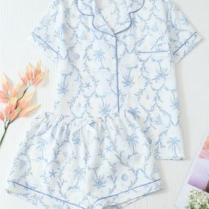 TEMU 2pcs 봄/여름 코코넛 나무 보트 프린트 라펠 버튼 반팔 포켓 탑 & 리본 반바지 잠옷 홈웨어 세트