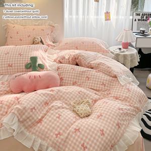 TEMU 3pcs 체크무늬 리본 프린트 침구 세트, 레이스 이불 커버 세트, 이불 커버 1개와 베개 커버 2개 포함(속통 미포함), 이불 커버는 간편한 탈부착과 세탁을 위한 지퍼 기능, 편안하고 부드러운 원단, 사계절용